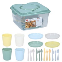 21Pcs Plastic Plates Cups Cutlery Set Picnic BBQ Camping Storage Box Handle