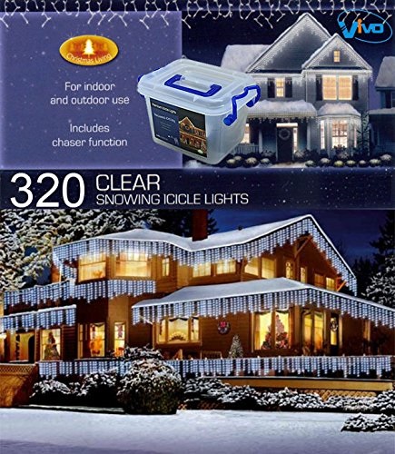 Vivo 320 White LED Christmas Icicle Lights with 8 Mode Chaser Function and Hard Plastic Carry Storage Box Indoor Outdoor Xmas Mains Powered with Memory Function