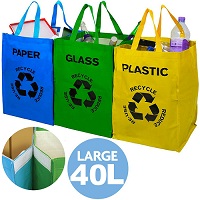 1900261 Set of 3 Large Recycling Bags Bin 40L - Paper Glass Plastic Waste Bin Bag Sack