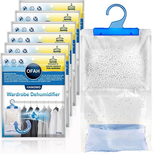 Set of 6 Hanging Interior Wardrobe Dehumidifier Bags Stop Moisture Humid Remover Absorber Dehumidifiers for Damp Mould Moisture in Bedroom Bathroom Basement Garage Wardrobes Caravan Shed