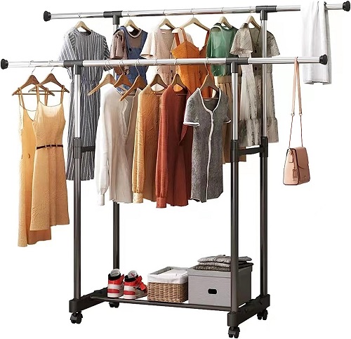 Vivo Technologies Double-rail Adjustable Tidy Rack Mobile Garment Rack Clothes Clothing Rail Stand on Castor Wheels with Hanging Rail and Storage Shelf
