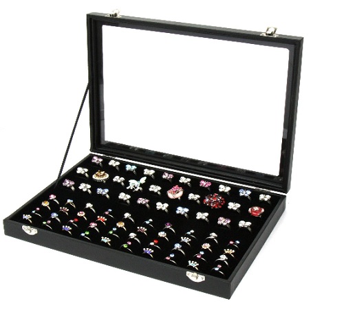 100 Ring Jewellery Display Storage Box Tray Case Organiser - Black 