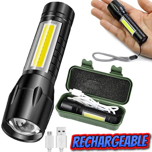 Pocket High Powered Torch Rechargeable Military Grade with Case LED COB Zoom 