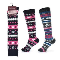 2 Pairs Ladies Foxbury Black Charcoal Fair-isle Knee High Cotton Sock Size 4-7