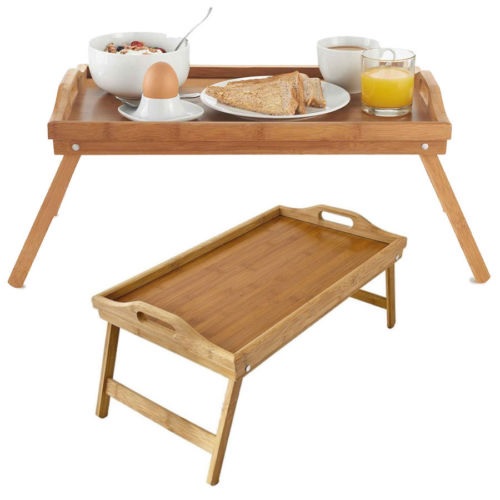 Bamboo Wood Serving Tray Table Breakfast Over Bed Lap Folding Legs Kitchen Serve