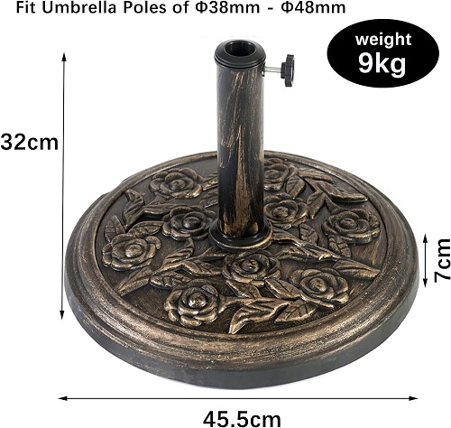 9kg Cast Iron Effect Garden Parasol Base,Umbrella Stand With Floral Rose Design for Outdoor Furniture Umbrella, Gazebo, Patio,Awning,Parasol Holder with Adjustable Knob H32 x D45.5cm