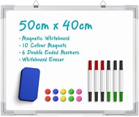 50 x 40CM Magnetic Whiteboard,Wall Hanging White Board with 10 Colour Magnets, 6 Double Ended Market Pens,Whiteboard Eraser, Drawing Memo Notice Board for Office, School