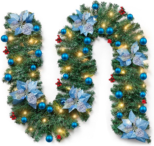 Christmas Garland with Lighting Decoration, 9Ft/2.7M Decorated Garlands with Flower Ball for Stairs Fireplace Wall Door Xmas Tree Garden Yard Outdoor Indoor Decor (Blue)