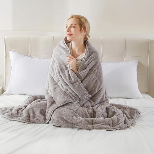 Teddy Fleece Weighted Blanket for Adults Fluffy Quilted Pockets Throw Soft Sherpa Throw Heavy Blanket Winter Sleep Therapy Autism Insomnia Sensory Anxiety Stress Relief Silver Grey, 125 x 150cm - 4kg