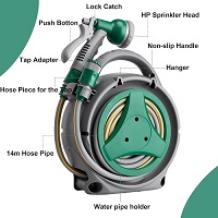 Garden Hose Reel 14M, Compact & Portable Hose Pipe Reel with 7 Adjustable Spray Gun Nozzles, Manual Retractable Garden Water Hose