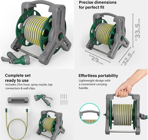 Garden Hose Reel 25M ( 15 mm), 2-in-1 as Free Standing or Wall Mounted Garden Hose, Complete with Hose Guide, Nozzle and Fittings, Robust Frame for Stability, Compact Hose Reel Flexibility Use