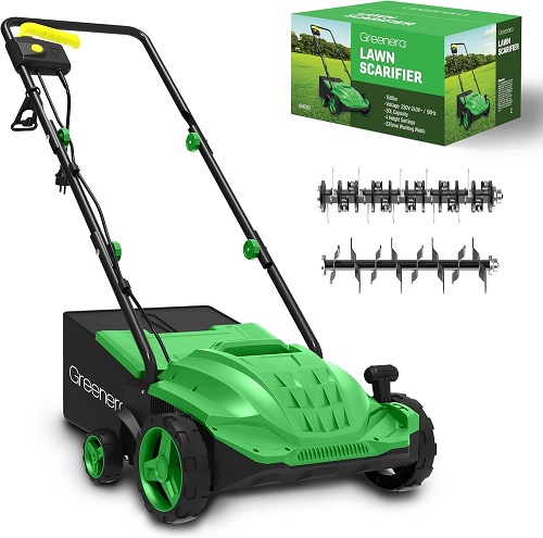 1500w Electric Lawn Scarifier Aerator Lawn Rake 30L Collection Box 32cm Working Width 4 Adjustable Scarifying Heights 2 Interchangeable Rollers Foldable Handles Compact and Lightweight