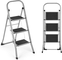 3 Step Ladder, Portable Folding Step Ladder Lightweight Sturdy Steel Ladder with Anti Slip Feet, Easy to Store Step Stools for DIY and Gardening, 150kg Capacity, Grey