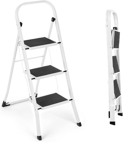 3 Step Ladder, Portable Folding Step Ladder Lightweight Sturdy Steel Ladder with Anti Slip Feet, Easy to Store Step Stools for DIY and Gardening, 150kg Capacity, White