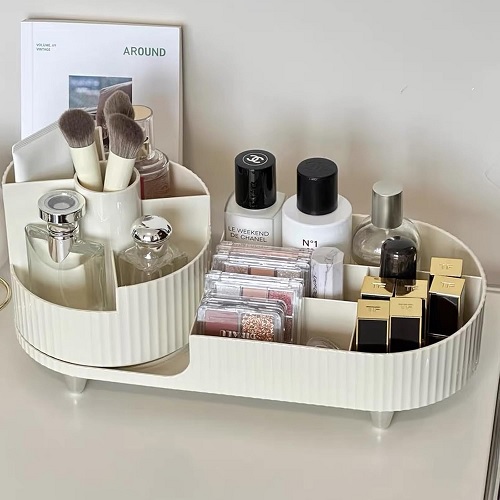 Makeup Organiser 360 Rotating Makeup Organiser Rotating Compartment 2 In 1 Cosmetic Storage Spin Makeup Stand Organizer Storage Revolving Makeup Organiser for Vanity, Dresser, Bathroom, Bedroom Beige