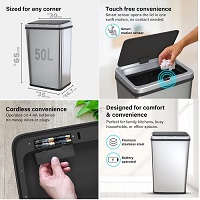 Vivo Technologies 50L Sensor Bin, Automatic Touchless Stainless Steel Rubbish Bin, for Kitchen Bathroom Recycling Soft Close, Trash Can Battery Operated Easy Clean Silver Auto Manual Model
