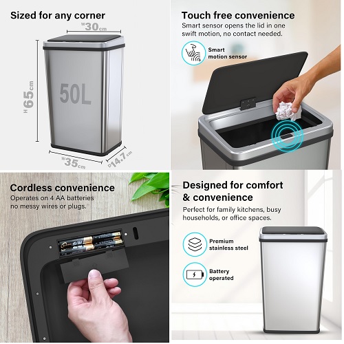 Vivo Technologies 50L Sensor Bin, Automatic Touchless Stainless Steel Rubbish Bin, for Kitchen Bathroom Recycling Soft Close, Trash Can Battery Operated Easy Clean Silver Auto Manual Model