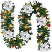 Christmas Garland with Lighting Decoration, 9Ft/2.7M Decorated Garlands with Flower Ball for Stairs Fireplace Wall Door Xmas Tree Garden Yard Outdoor Indoor Decor (Silver)